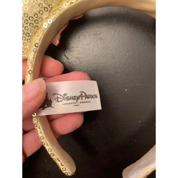 Disney Park Minnie Mouse Ears Gold Sequin Feather Roaring 20s Flapper Flower EUC